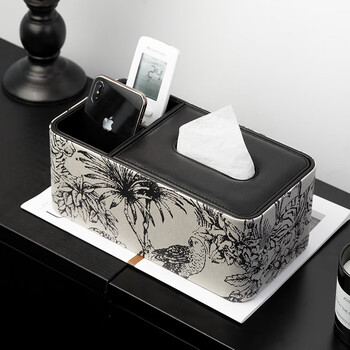 Akbk leather tissue box living room coffee table remote control storage box light luxury home desktop creative paper box 2026 new style long two grid retro printing embroidery