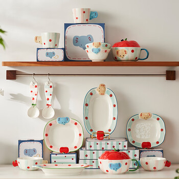 Siyue cute bowls, plate and tableware set for household underglaze colored bowls, chopsticks and dish sets for moving to a new home and conservatory wedding gift cute little elephant mixed color 20-piece set for 2 people (including noodle bowls) for details of the set, please see the specification chart