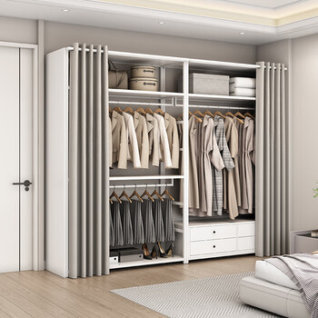 Open wardrobe walk-in cloakroom shelf with drawer double layer coat rack floor-standing bedroom wrought iron clothes hanger color and size customization