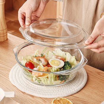 Genasi double-eared transparent heat-resistant glass bowl large microwave-friendly bowl with lid soup bowl noodle bowl salad bowl tableware 1.5l