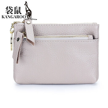 Kangaroo (kangaroo) fashionable lightweight short small wallet women's simple double zipper cowhide coin key bag small fresh coin bag gray and white