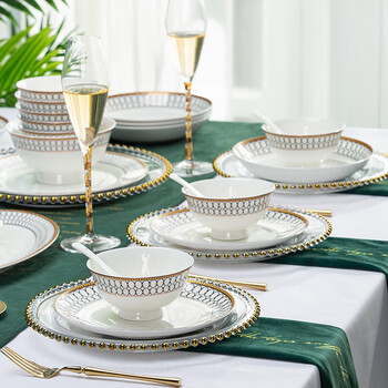 Hongxi shengshi jingdezhen dish set household modern european light luxury tableware eating bowl and plate set bowl and chopsticks gift giving jinlingge 60 pieces 10 people configuration can be microwaved