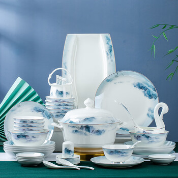 Jingyi pottery bowl set home jingdezhen ceramic tableware set bone china bowl plate tableware complete set new home gift sky blue waiting misty rain with rich pot default packaging 60 piece set