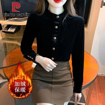 Pierre cardin gold velvet fashionable bottoming shirt for women long-sleeved t-shirt autumn and winter new round neck slim large size women's warm top black plus velvet thick 2xl 125-140