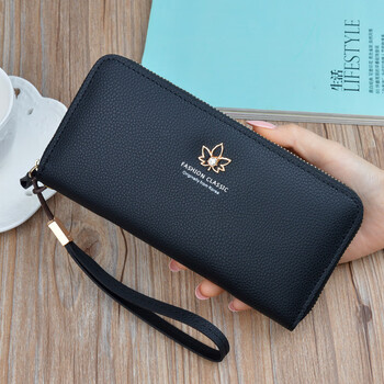 Shu guo er new women's wallet women's long zipper clutch women's fashion simple large capacity litchi pattern wallet mobile phone black