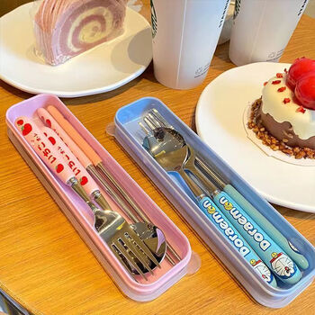 Fancychic over 1,000 stainless steel spoons, chopsticks and forks, three-piece set for children, cute strawberry tableware for elementary school students, jingle blue cat, fork + spoon + chopsticks, free box