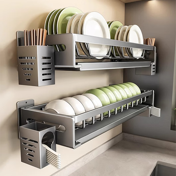 Kunfeng dish rack drain rack kitchen dishwashing rack without punching holes on the wall wall-mounted dish chopstick storage rack dish storage rack gray-dish rack+plate rack chopstick barrel+spoon barrel*2