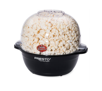 Presto black popcorn maker visible clear lid built-in butter dispenser requires transformer