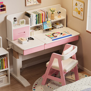 Huixun solid wood children's study table, primary school student desk and chair, adjustable lifting desk, home desk, homework desk, fas grade rubber wood, no veneer, pink and white #hand-crank lifting desk + bookshelf 100cm*60cm*75cm, total height 114cm