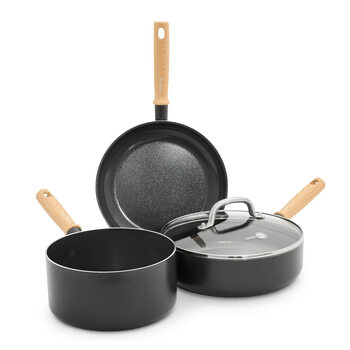 Greenpan 4-piece ceramic non-stick pan set, healthy, non-toxic, durable and easy to clean, wood grain handle