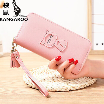 Kangaroo (kangaroo) cute cat new clutch wallet women's long zipper korean style fashion clutch coin purse large capacity pink