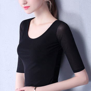 Ji yafu mid-sleeve black mesh bottoming shirt for women thin suit with short-sleeved summer bottoming t-shirt versatile gauze top black mid-sleeve l (recommended 115 125 pounds)