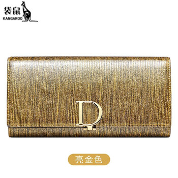 Kangaroo (kangaroo) 2024 new fashion women's wallet women's long large capacity card slot genuine leather women's hand wallet clutch bright gold-anti-theft brush