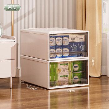 Straw bear drawer-type desktop storage box snack toy storage cabinet sundry books partition organizer cosmetics storage rack milk white shell 2 layers 22*30.5*24 transparent brown inner drawer