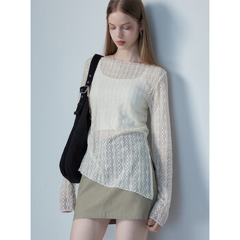 Eggka apricot side slit lace shirt for women summer new style translucent fashionable temperament slim slim long-sleeved top apricot m