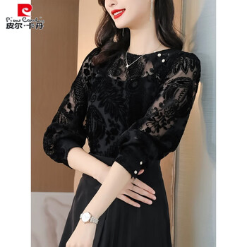 Pierre cardin lace bottoming shirt for women, thin style, high-end brand, autumn and winter new style, black mesh flocked top, long sleeves, black 2xl 125-135 catties