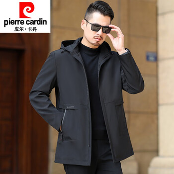 Pierre cardin middle-aged men's autumn jacket business casual spring and autumn thin hooded top 40 and 50 years old middle-aged dad coat pin black (mid-length) hood removable 170/m