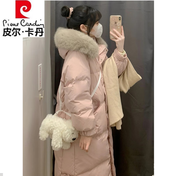 Pierre cardin brand fox fur down jacket women's mid-length 2025 new fashion korean style small winter knee-length jacket pink + light gray real fox fur s recommendation (115-140 pounds)