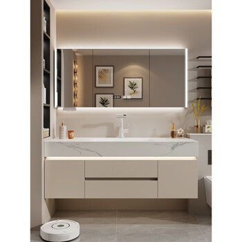 An junsheng light luxury cream style slate hot curved integrated basin bathroom cabinet combination bathroom sink wash basin solid wood main picture