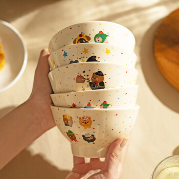 Modern housewife colorful polka dot cute ceramic rice bowl high-looking breakfast yogurt fruit bowl home eating bowl colorful polka dot 5-inch bowl two bears