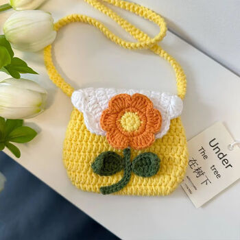 Beginner's wool crochet diy material bag hand-knitted puff flower shoulder crossbody bag coin purse card bag yellow material bag free full set of tools + tutorial