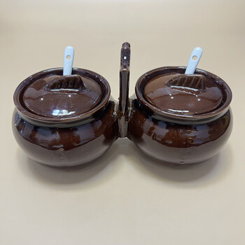 Retro conjoined seasoning jar, ceramic old-fashioned oil salt jar, earthenware double-headed seasoning box, nostalgic with lid and spoon, double salt jar with lid + porcelain spoon 0ml