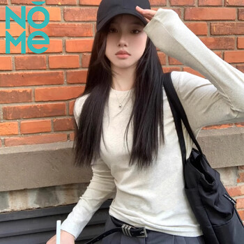 Nome long-sleeved t-shirt women's early autumn new slim-fitting threaded bottoming shirt korean-style shoulder top hemp gray l