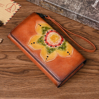 Orpheus original retro clutch handmade long clip long women's wallet genuine leather new cowhide wallet women's mobile phone bag women brown