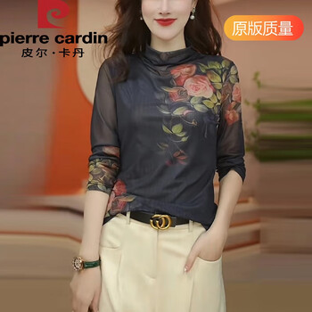 Pierre cardin half-high collar long-sleeved mesh bottoming shirt for women in spring and autumn new high-end t-shirt with slimming temperament, positioning flower-high collar 2xl 130-140 catties