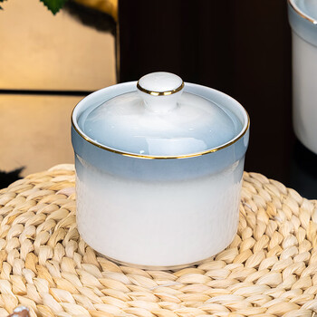 Yanlai jingdezhen bone china tableware household steamed egg bowl nordic style water-proof stew pot ceramic bowl with lid microwaveable gradient gray 3.5-inch small stew pot
