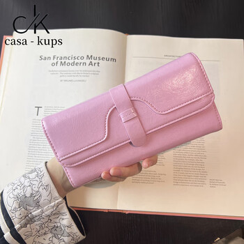 Casa-kupsck women's bag light luxury simple women's wallet long clutch bag fashion oil wax leather three-fold buckle pure pink