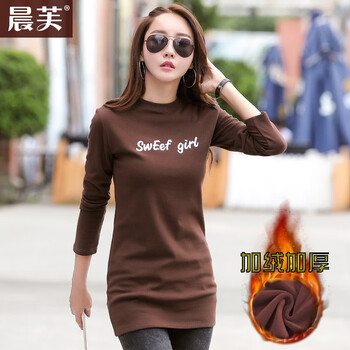 Chen fu half turtleneck plus velvet bottoming shirt for women autumn and winter mid-length embroidered t-shirt versatile slim fit inner hip wrap warm top brown plus velvet l recommended 105-115 pounds