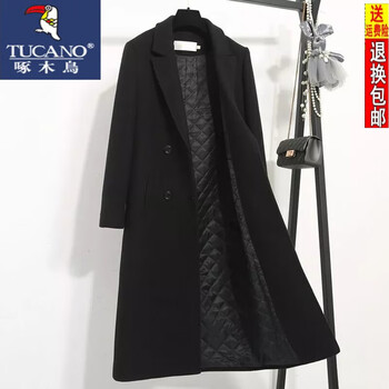Woodpecker quilted black woolen coat for women mid-length 23 autumn and winter new korean style slim woolen coat with cotton and thickening black cotton l