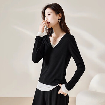 Sophie silo lyocell wool t-shirt fake two-piece long-sleeved bottoming shirt for women 2025 spring versatile simple top black l