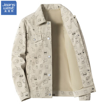 Jeanswest quilted thickened corduroy jacket men's autumn and winter cotton shirt jacket lapel work jacket full-bottom printing trend thickened off-white l