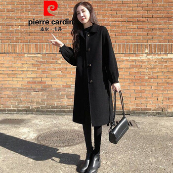 Pierre cardin official brand flagship women's woolen coat women's mid-length woolen fashion casual double-sided woolen winter thickened black m 95-110 pounds