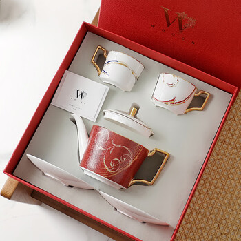 Wooch british style coffee cup, 1 pot, 2 cups and saucers gift box, exquisite afternoon tea set, housewarming and wedding gift, british style series, 2 cups, saucers, 1 pot + red gold gift box