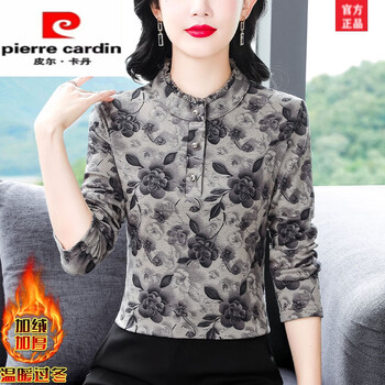 Pierre cardin autumn and winter thickened velvet bottoming shirt for mothers, western-style small shirt for middle-aged women, long-sleeved top that can be worn inside and outside, black flower, thickened, velvet, 3xl (135-145 pounds)