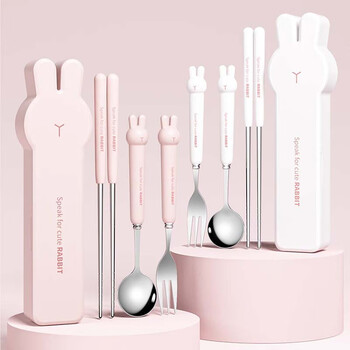 Mi ling chopsticks and spoon set portable tableware storage box three-piece set for elementary school students and children going to school, single-pack a 304 steel white set spoon + fork + chopsticks + box 4-piece set