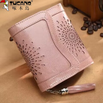 Woodpecker (tucano) 2024 new wallet women's short genuine leather zipper small card holder exquisite high-end 30% off multi-functional driver's license sakura pink (oil wax cowhide anti-theft brush)