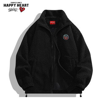 Charles peach heart jacket for men and women couples same style sherpa jacket thickened jacket student cotton coat black l