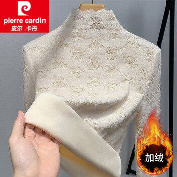 Pierre cardin half turtleneck plus velvet lace bottoming shirt for women, autumn and winter 2026 new thickened warm fashion top for women, apricot plus velvet s, recommended 80-100 pounds