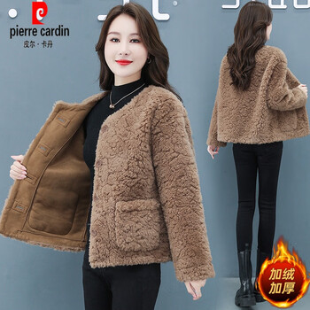 Pierre cardin off-season imitation fur one-piece lamb plush jacket women's short autumn and winter 2025 new thickened grain velvet top khaki m 95-115 catties