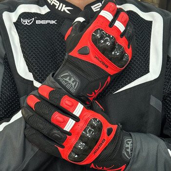 Berik big eye motorcycle riding gloves summer mesh breathable leather carbon fiber gloves touch screen men and women black and red (first layer cow sheepskin + carbon fiber) l