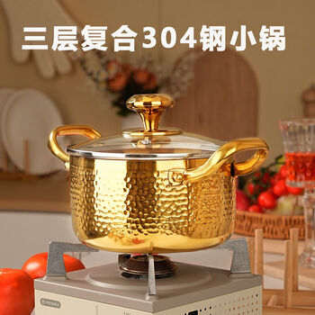 Jinjiang single small hot pot thickened 304 stainless steel small hot pot pot for one person and one pot household soup pot induction cooker gold single pot + glass lid 18cm