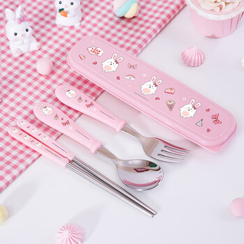 Lianlock 316 stainless steel children's and primary school students' tableware set eating spoons, forks and chopsticks cutlery box 316 rabbit resin spoon, fork and chopsticks box