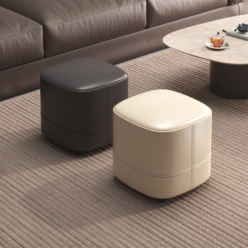 Mingguan shangsen leather low stool household simple sofa stool bedroom makeup chair living room square stool soft bag small bench household small stool single beige 35*35*35cm complete set