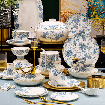 Jingdezhen chinese bone china tableware set, chopsticks, plates and bowls, high-end hotel, move-in, new home, wedding gift, pomegranate flower, hand-painted gold, food for 10 people, 70 heads