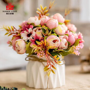 Love has been filled with sugar fake flowers, artificial flowers, silk flowers, chinese-style living room decoration flowers, ceramic vase set, birthday gifts, pink 18cm