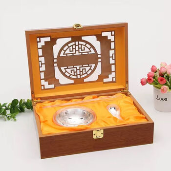 Le hongjun three-piece silver bowl set to recognize your mother, 999 pure food grade silver bowls, chopsticks and spoons to recognize your son and daughter, baby tableware, five blessings three-piece set, small size, classical wooden box